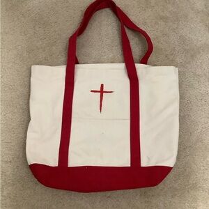 Classic Red and White Canvas Tote with Cross Design